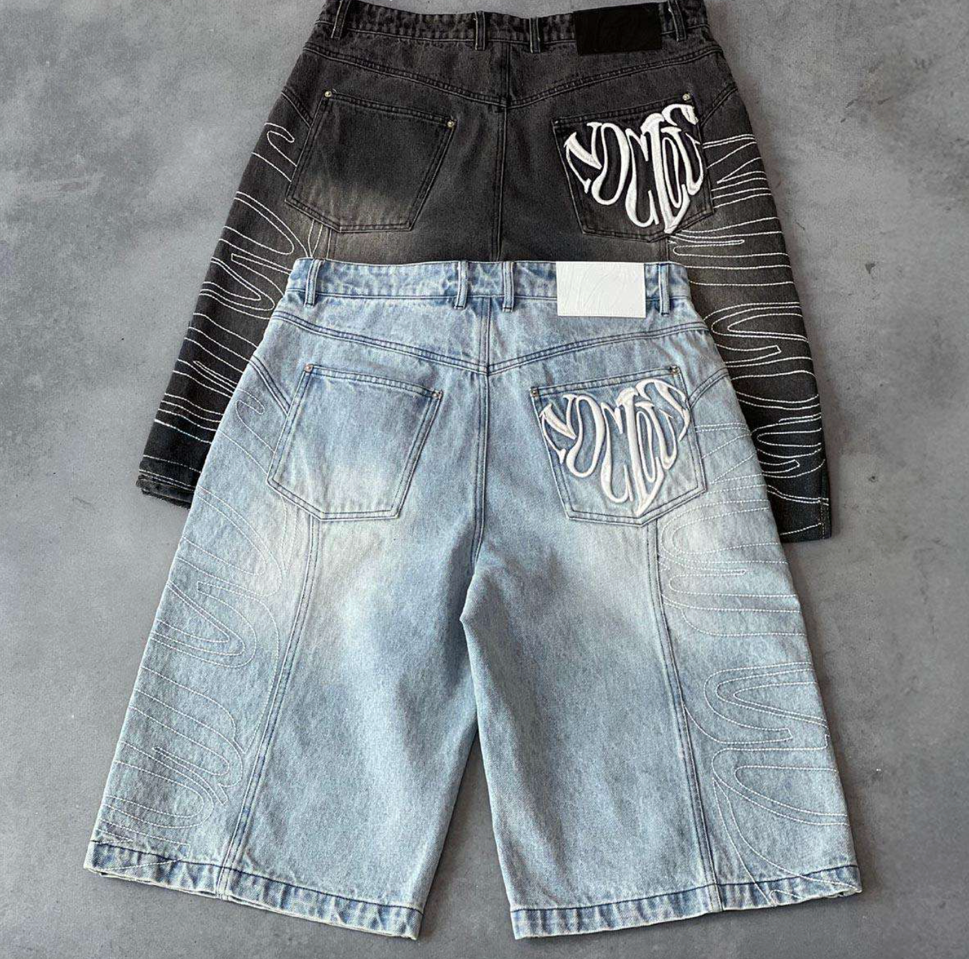 Men’s Custom Embroidered Stone-Washed Denim Jorts – Baggy Balloon Fit Wide-Leg Sun-Faded Jean Shorts