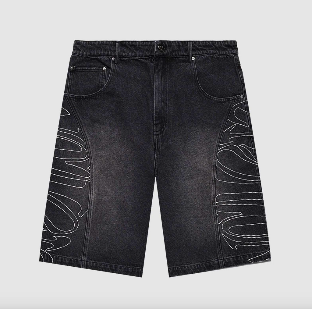 Men’s Custom Embroidered Stone-Washed Denim Jorts – Baggy Balloon Fit Wide-Leg Sun-Faded Jean Shorts