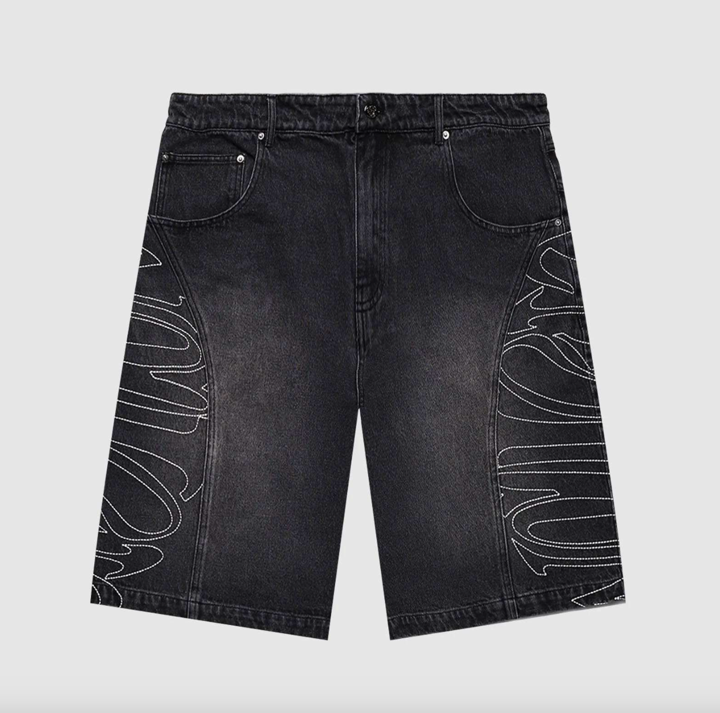 Men’s Custom Embroidered Stone-Washed Denim Jorts – Baggy Balloon Fit Wide-Leg Sun-Faded Jean Shorts