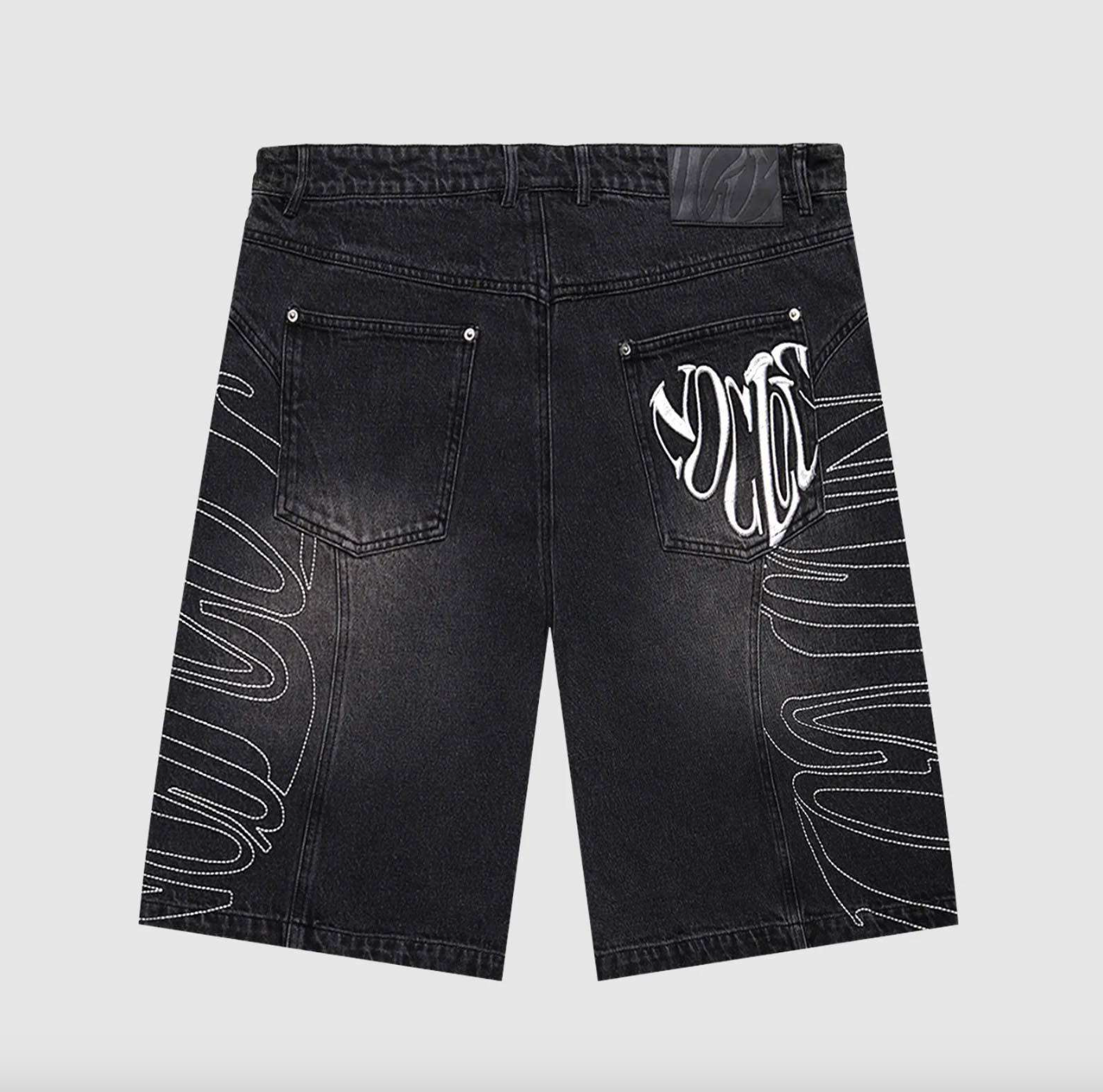 Men’s Custom Embroidered Stone-Washed Denim Jorts – Baggy Balloon Fit Wide-Leg Sun-Faded Jean Shorts