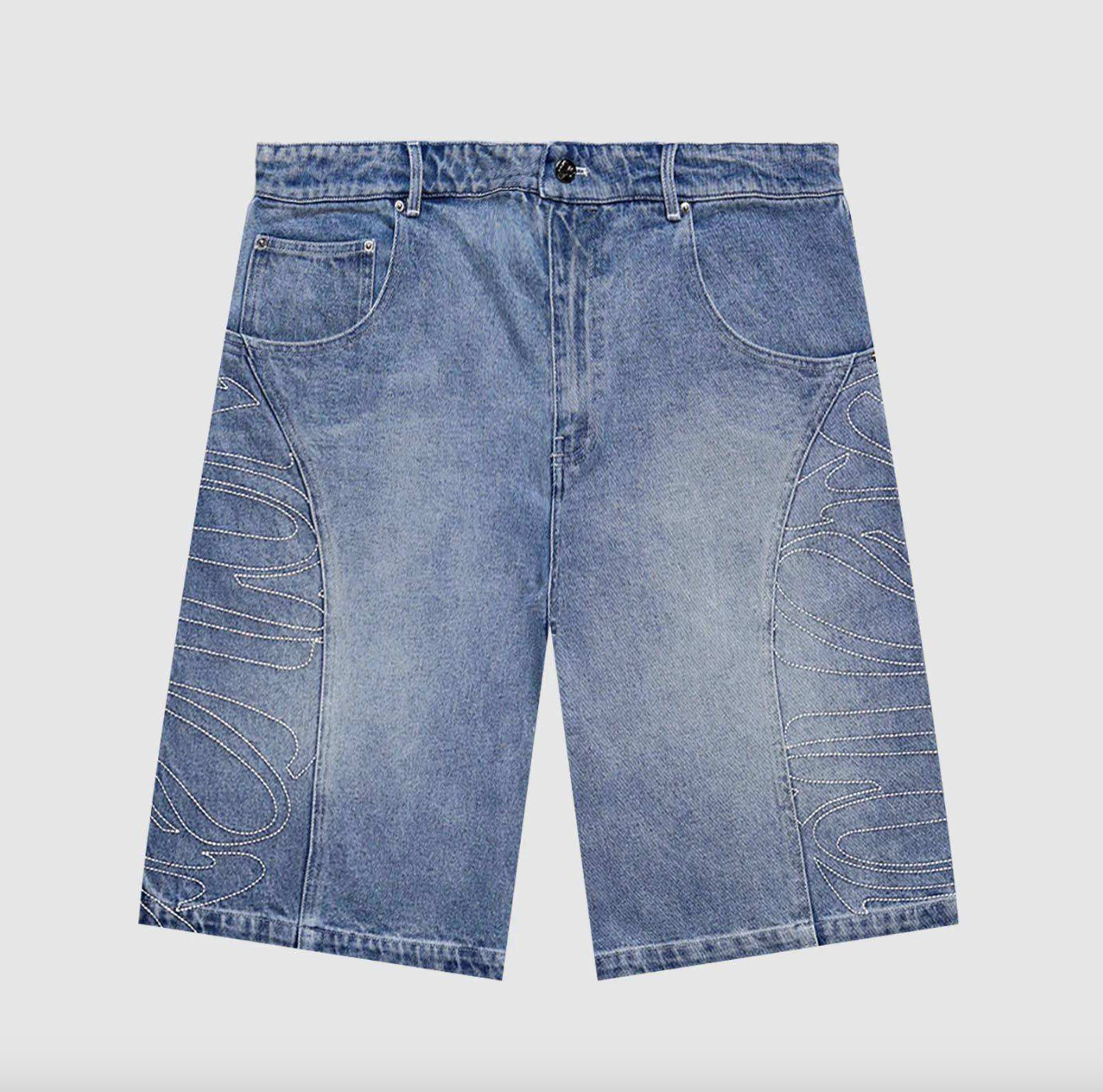 Men’s Custom Embroidered Stone-Washed Denim Jorts – Baggy Balloon Fit Wide-Leg Sun-Faded Jean Shorts