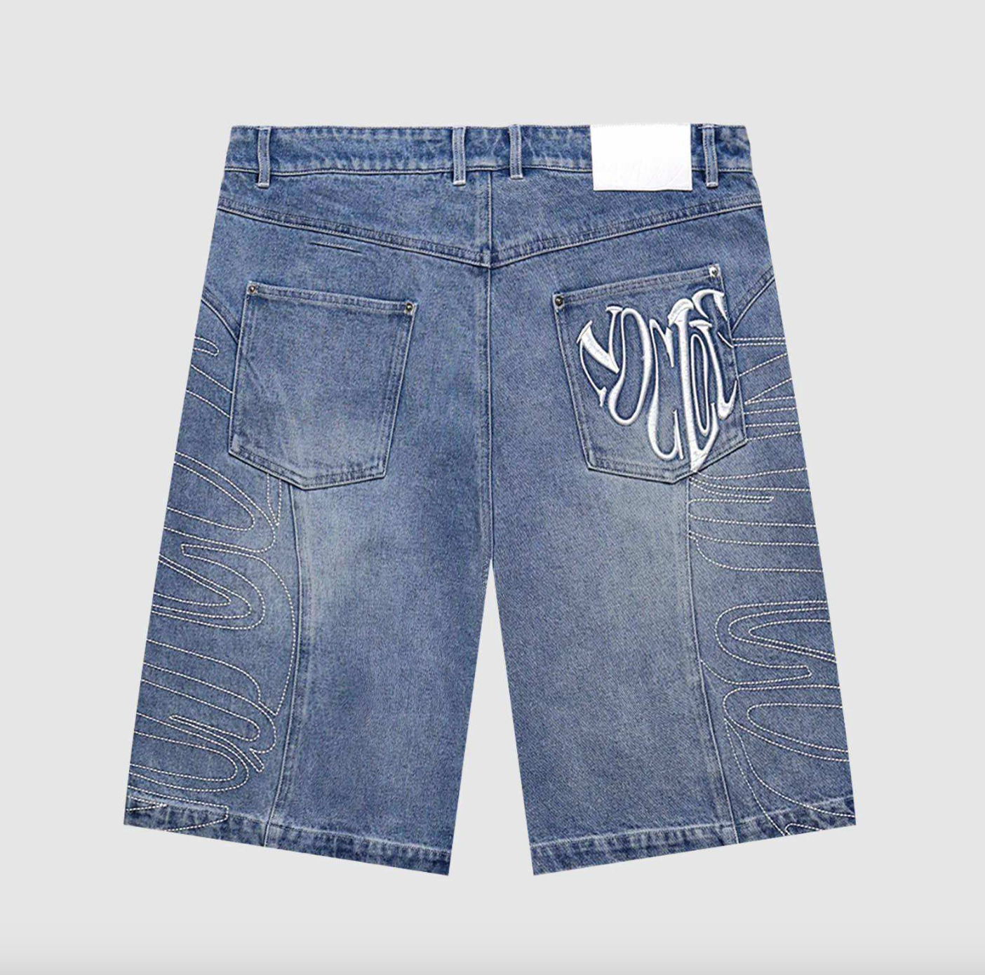 Men’s Custom Embroidered Stone-Washed Denim Jorts – Baggy Balloon Fit Wide-Leg Sun-Faded Jean Shorts