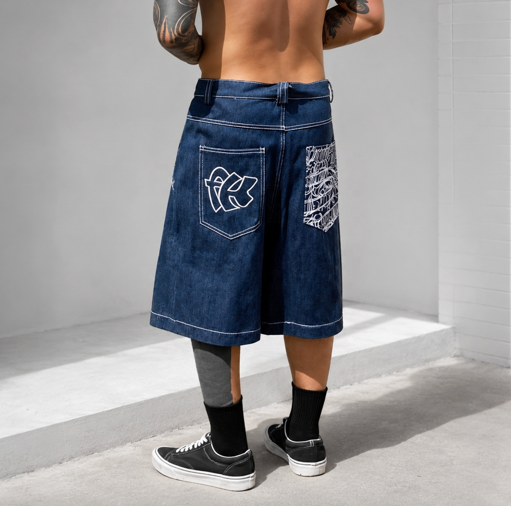 Men’s 100% Cotton Baggy Denim Jorts – Mid-Waist Straight-Leg Jean Shorts with Contrast Stitching & Custom Embroidery