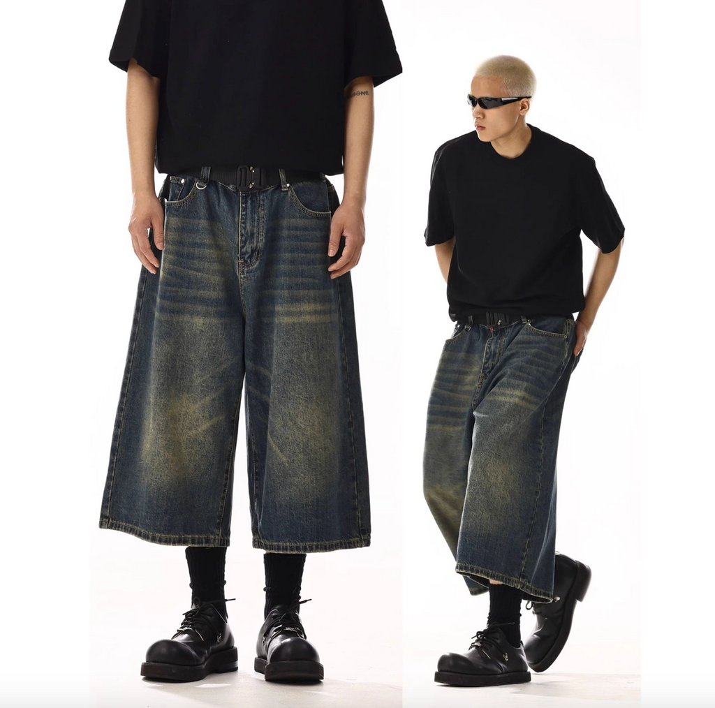 Men’s Vintage Dark Washed Denim Jorts – Baggy Straight-Leg Distressed Cotton Jean Shorts, Summer Streetwear