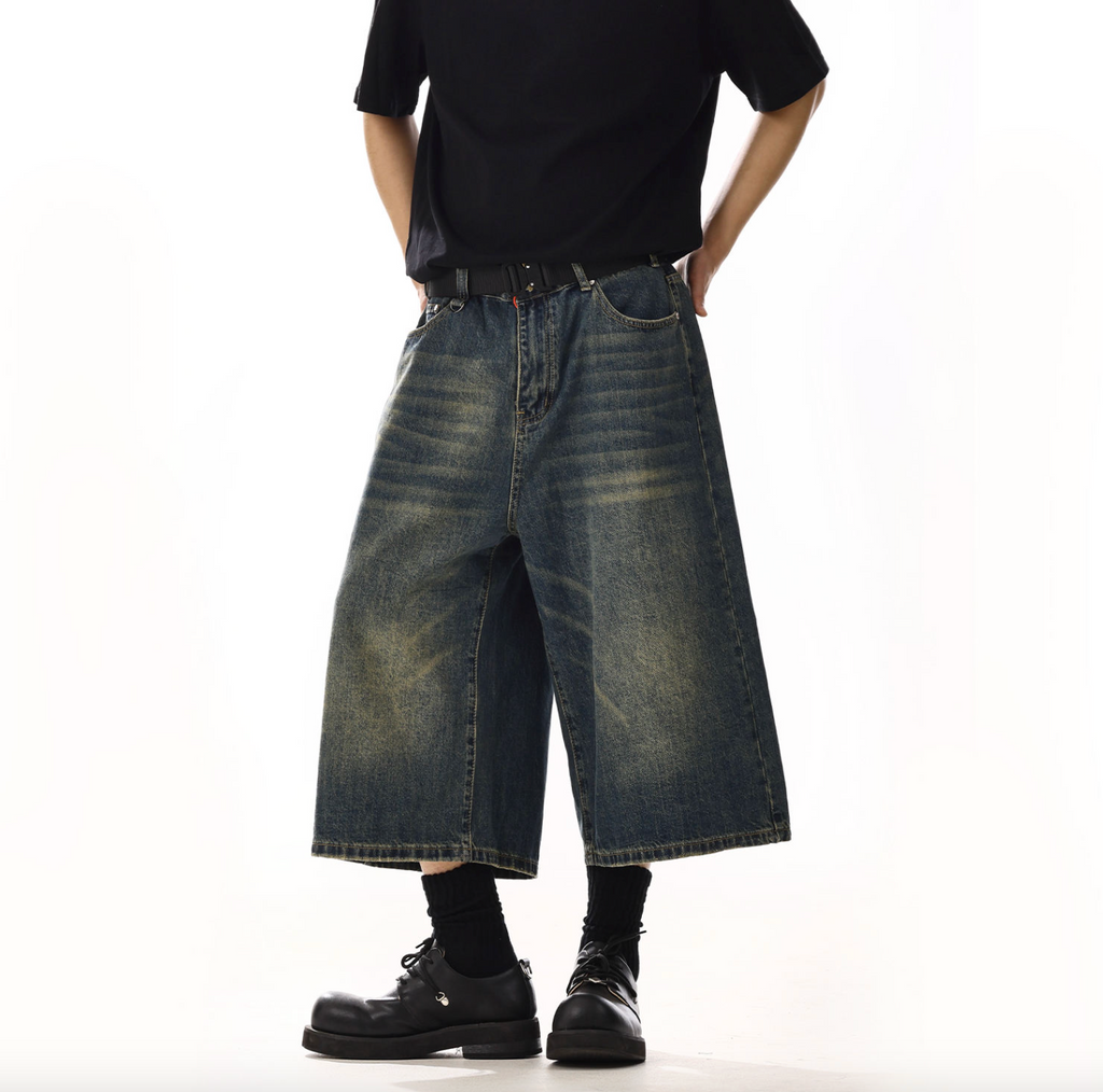 Men’s Vintage Dark Washed Denim Jorts – Baggy Straight-Leg Distressed Cotton Jean Shorts, Summer Streetwear