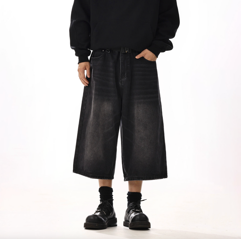 Men’s Vintage Dark Washed Denim Jorts – Baggy Straight-Leg Distressed Cotton Jean Shorts, Summer Streetwear