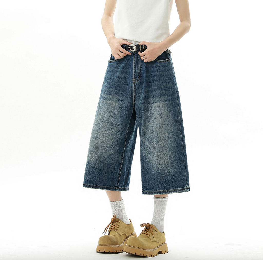 Men’s Vintage Dark Washed Denim Jorts – Baggy Straight-Leg Distressed Cotton Jean Shorts, Summer Streetwear