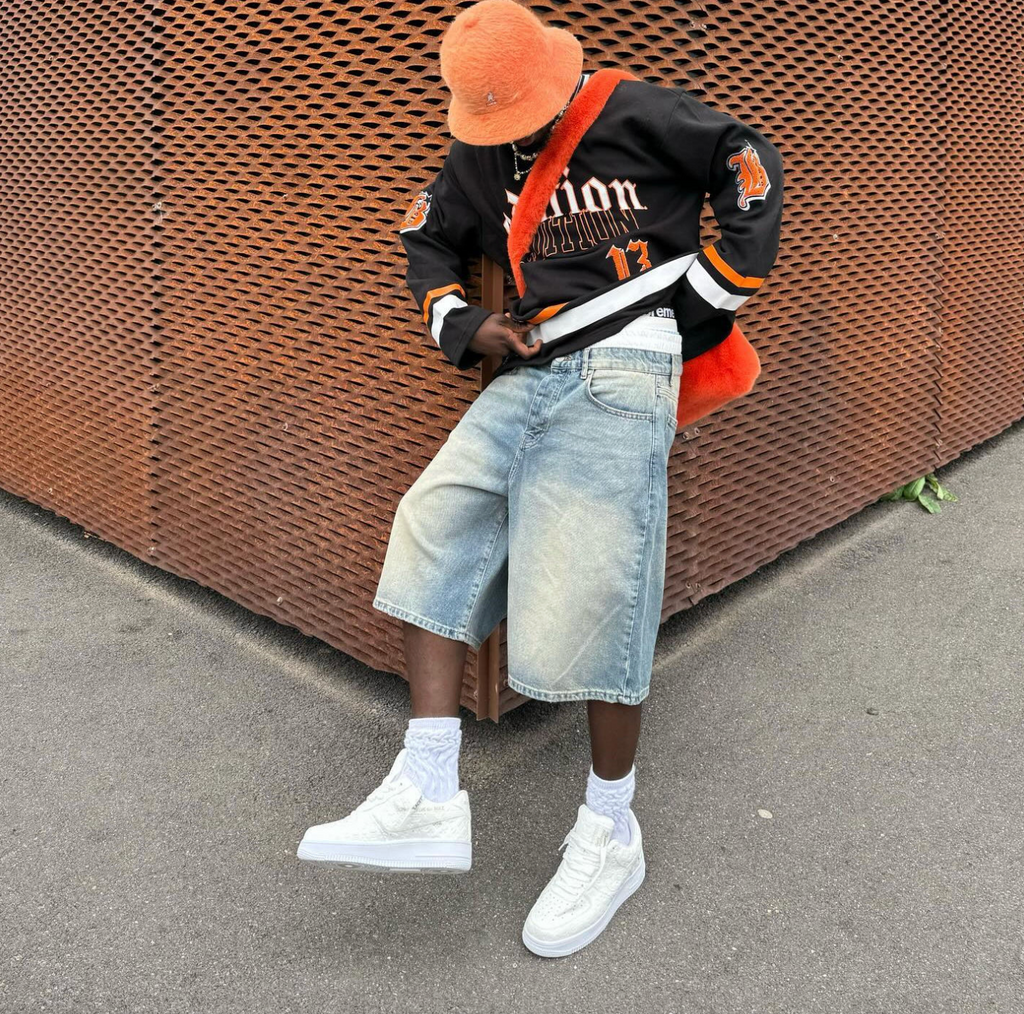 Men’s Custom Logo Washed Denim Jorts – Baggy Fit Jean Shorts with Pockets & Embroidery, Streetwear Style