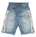 Men’s Custom Logo Rhinestone Denim Jorts – Distressed Washed Appliqué Jean Shorts with Raw-Edge Hem & Embroidery