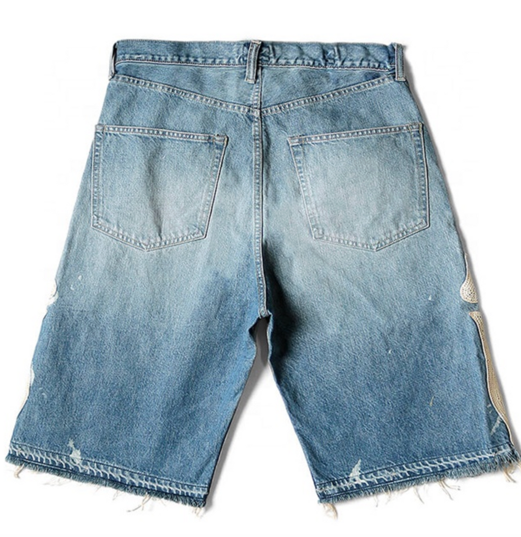 Men’s Custom Logo Rhinestone Denim Jorts – Distressed Washed Appliqué Jean Shorts with Raw-Edge Hem & Embroidery