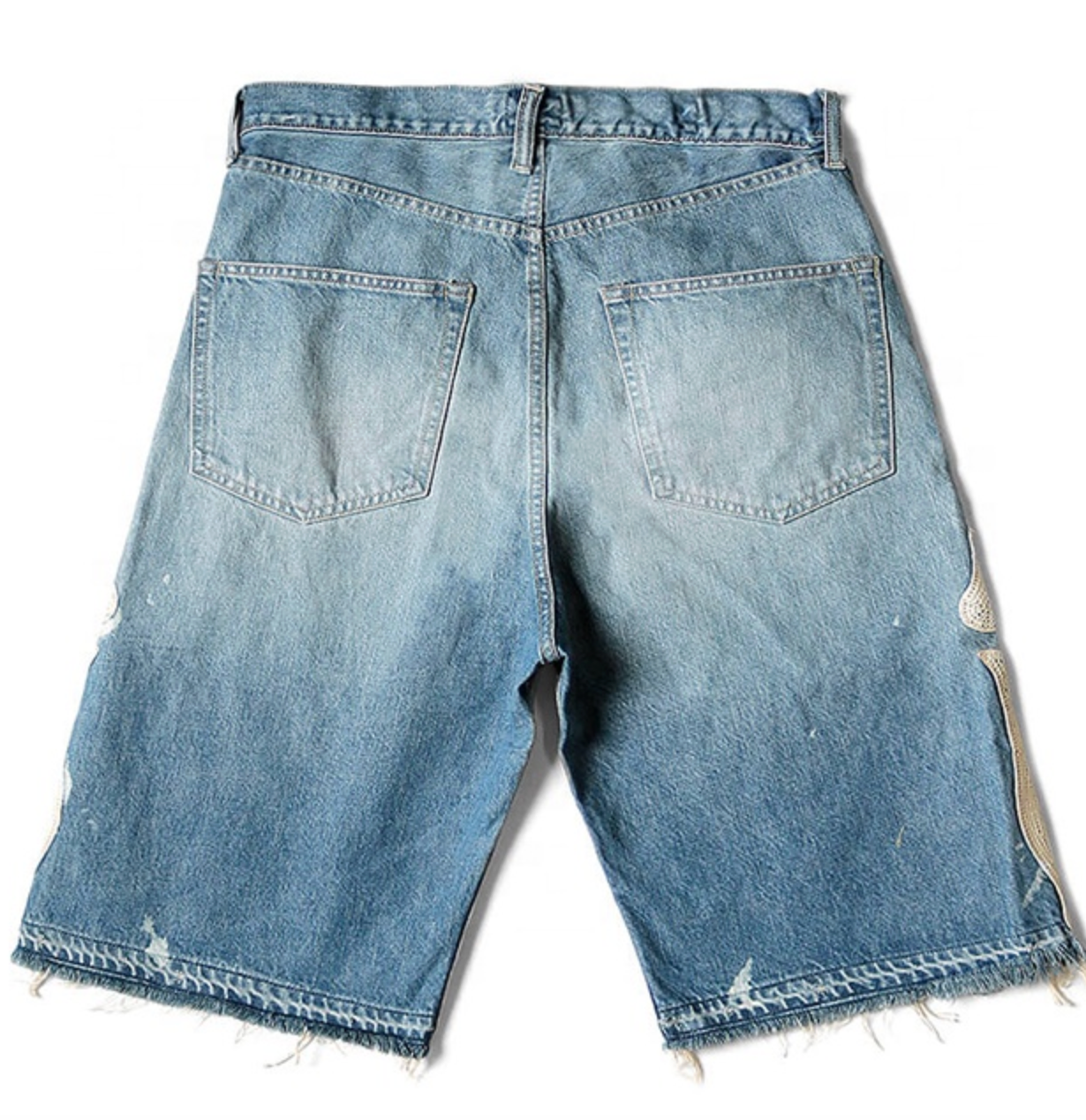 Men’s Custom Logo Rhinestone Denim Jorts – Distressed Washed Appliqué Jean Shorts with Raw-Edge Hem & Embroidery