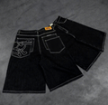 Men’s Custom Embroidered Denim Jorts – Baggy Wide-Leg Straight Fit Jean Shorts with Patchwork Pockets & Custom Label