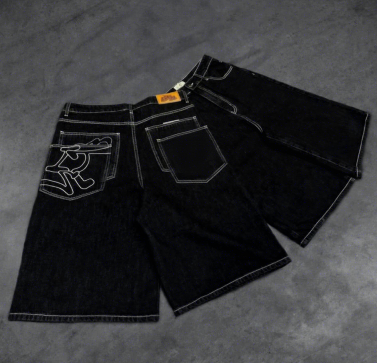 Men’s Custom Embroidered Denim Jorts – Baggy Wide-Leg Straight Fit Jean Shorts with Patchwork Pockets & Custom Label