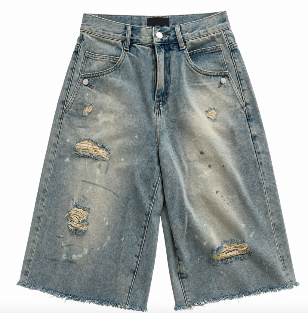 Men’s Vintage Distressed Denim Jorts – Dirty Washed Straight-Leg Jean Shorts, Breathable Summer Streetwear