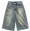 Men’s Vintage Distressed Denim Jorts – Dirty Washed Straight-Leg Jean Shorts, Breathable Summer Streetwear