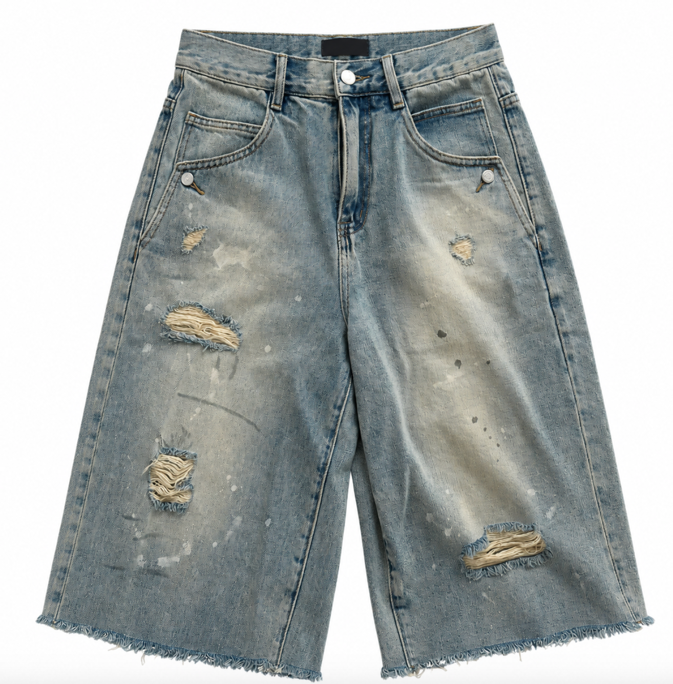 Men’s Vintage Distressed Denim Jorts – Dirty Washed Straight-Leg Jean Shorts, Breathable Summer Streetwear