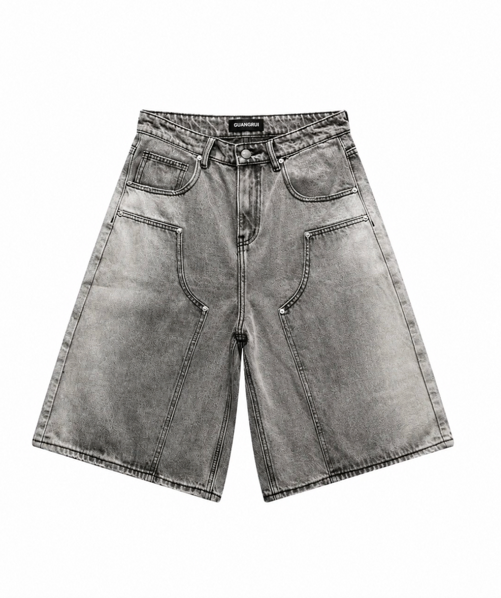 Men’s Vintage Light-Washed Denim Cargo Jorts – Mid-Waist Loose Wide-Leg Hip-Hop Jean Shorts