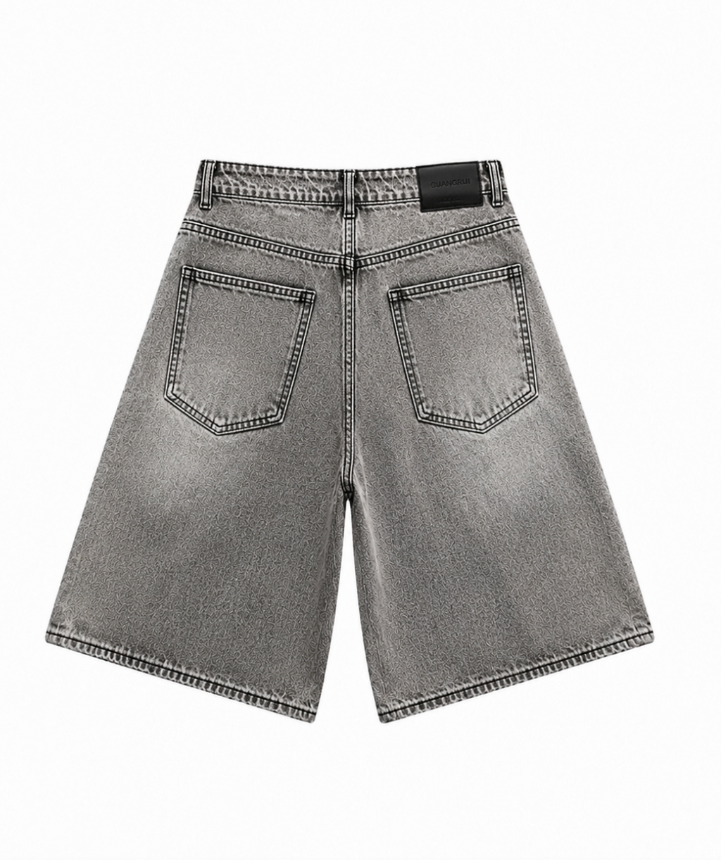 Men’s Vintage Light-Washed Denim Cargo Jorts – Mid-Waist Loose Wide-Leg Hip-Hop Jean Shorts