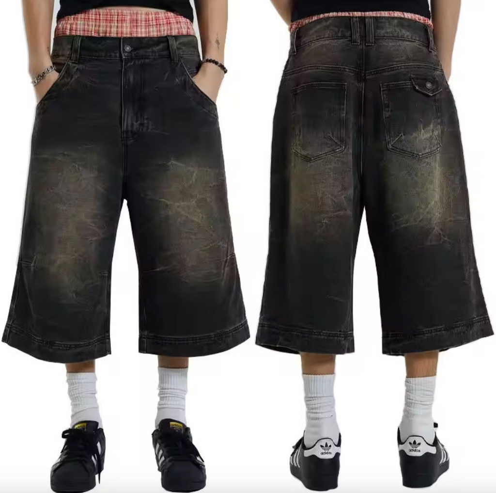 Men’s Black Faded Baggy Denim Jorts – 100% Cotton Loose-Fit Oversized Skate Jean Shorts