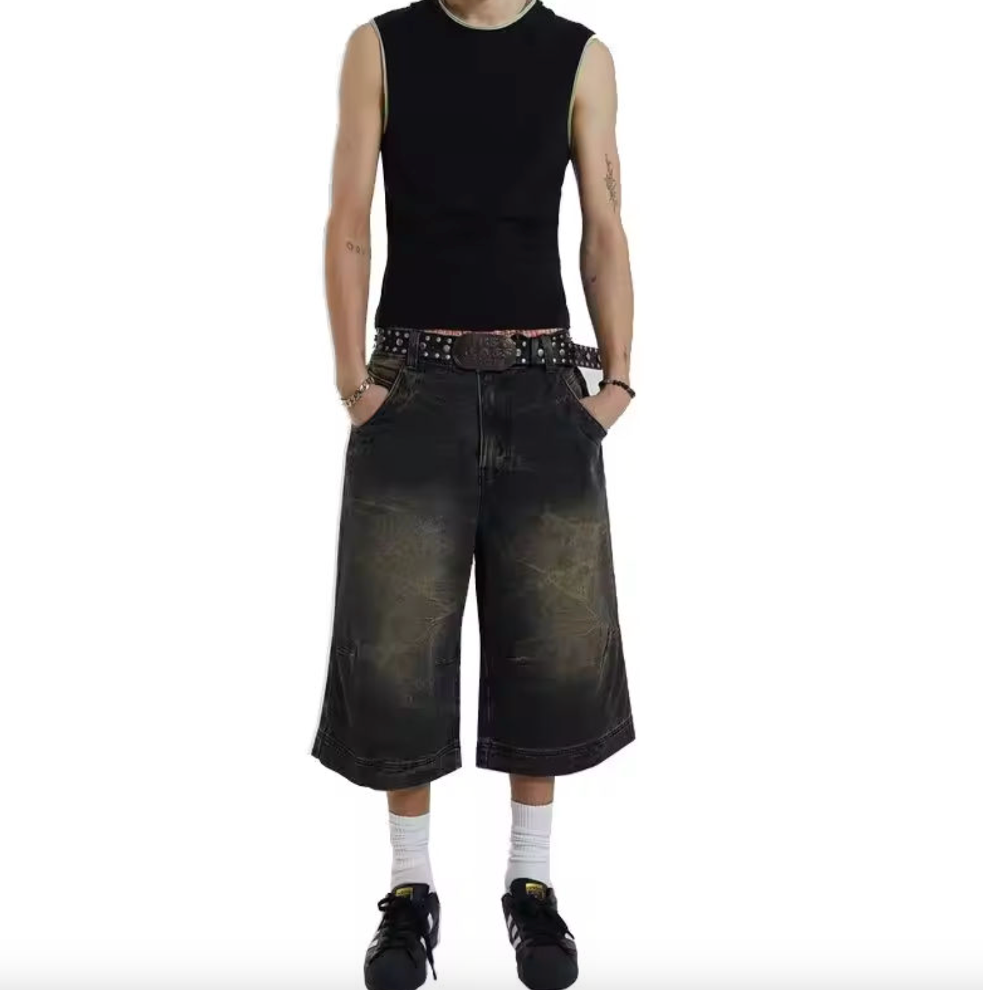Men’s Black Faded Baggy Denim Jorts – 100% Cotton Loose-Fit Oversized Skate Jean Shorts