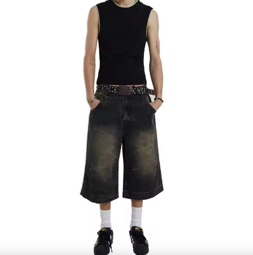 Men’s Black Faded Baggy Denim Jorts – 100% Cotton Loose-Fit Oversized Skate Jean Shorts