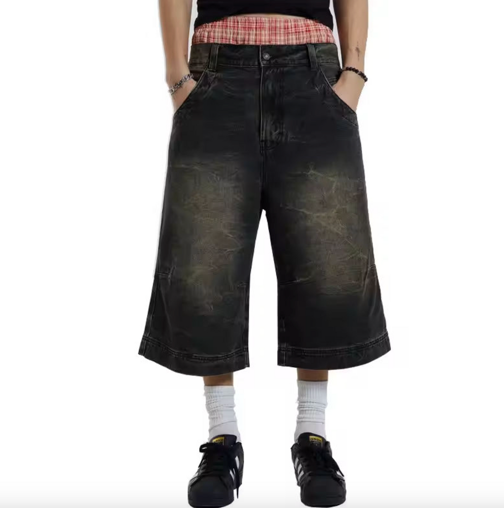 Men’s Black Faded Baggy Denim Jorts – 100% Cotton Loose-Fit Oversized Skate Jean Shorts