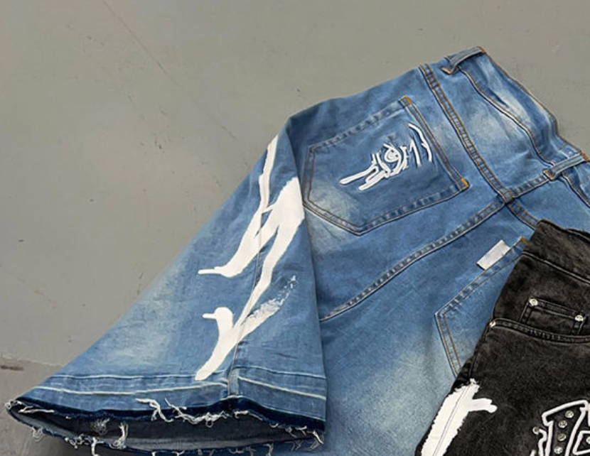 Men’s Custom Rhinestone Denim Jorts – Baggy Distressed Acid-Wash Jean Shorts with Embroidery