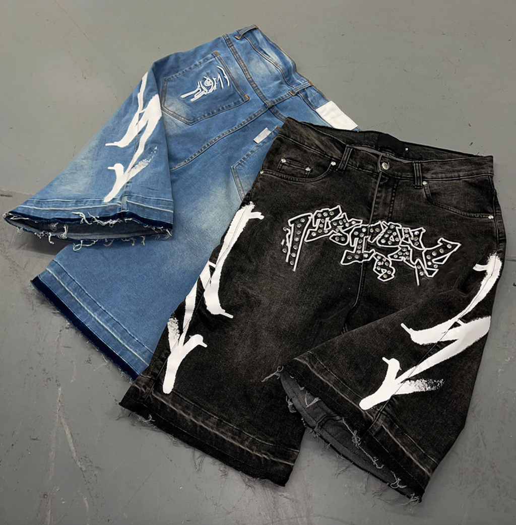 Men’s Custom Rhinestone Denim Jorts – Baggy Distressed Acid-Wash Jean Shorts with Embroidery