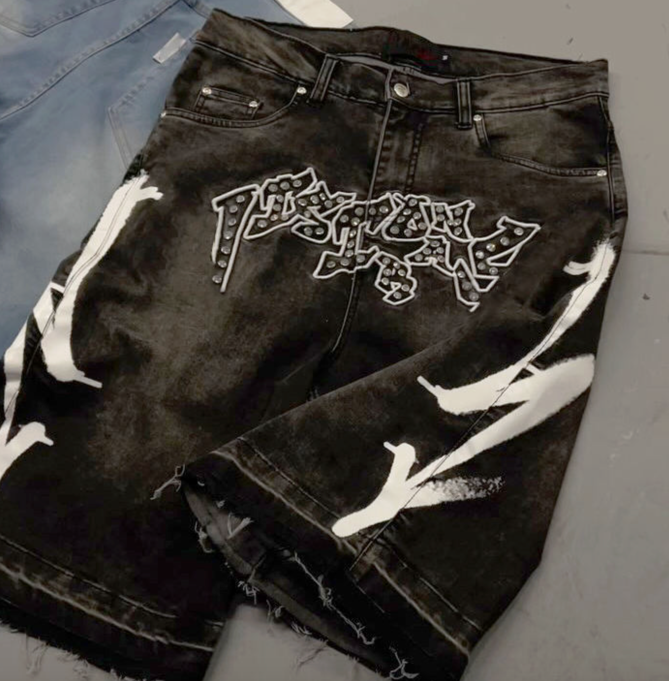 Men’s Custom Rhinestone Denim Jorts – Baggy Distressed Acid-Wash Jean Shorts with Embroidery