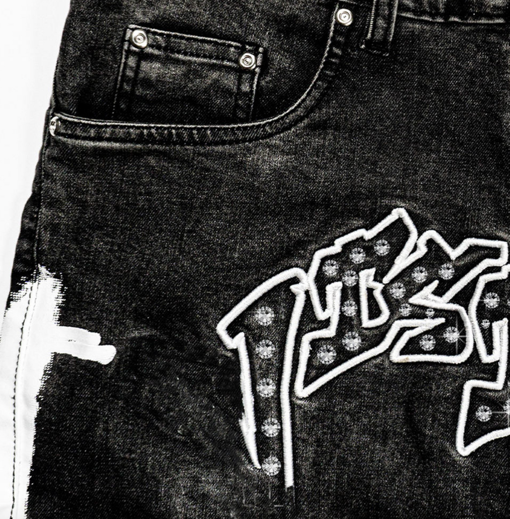 Men’s Custom Rhinestone Denim Jorts – Baggy Distressed Acid-Wash Jean Shorts with Embroidery
