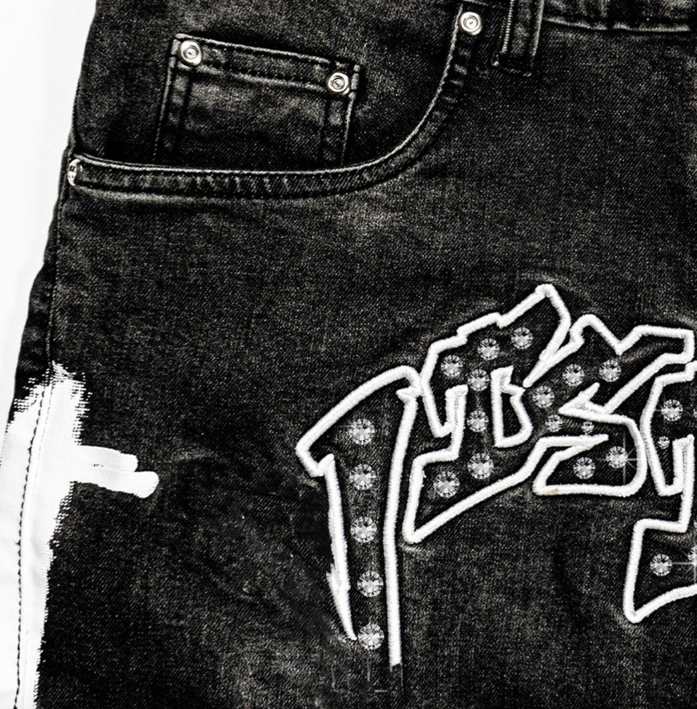 Men’s Custom Rhinestone Denim Jorts – Baggy Distressed Acid-Wash Jean Shorts with Embroidery