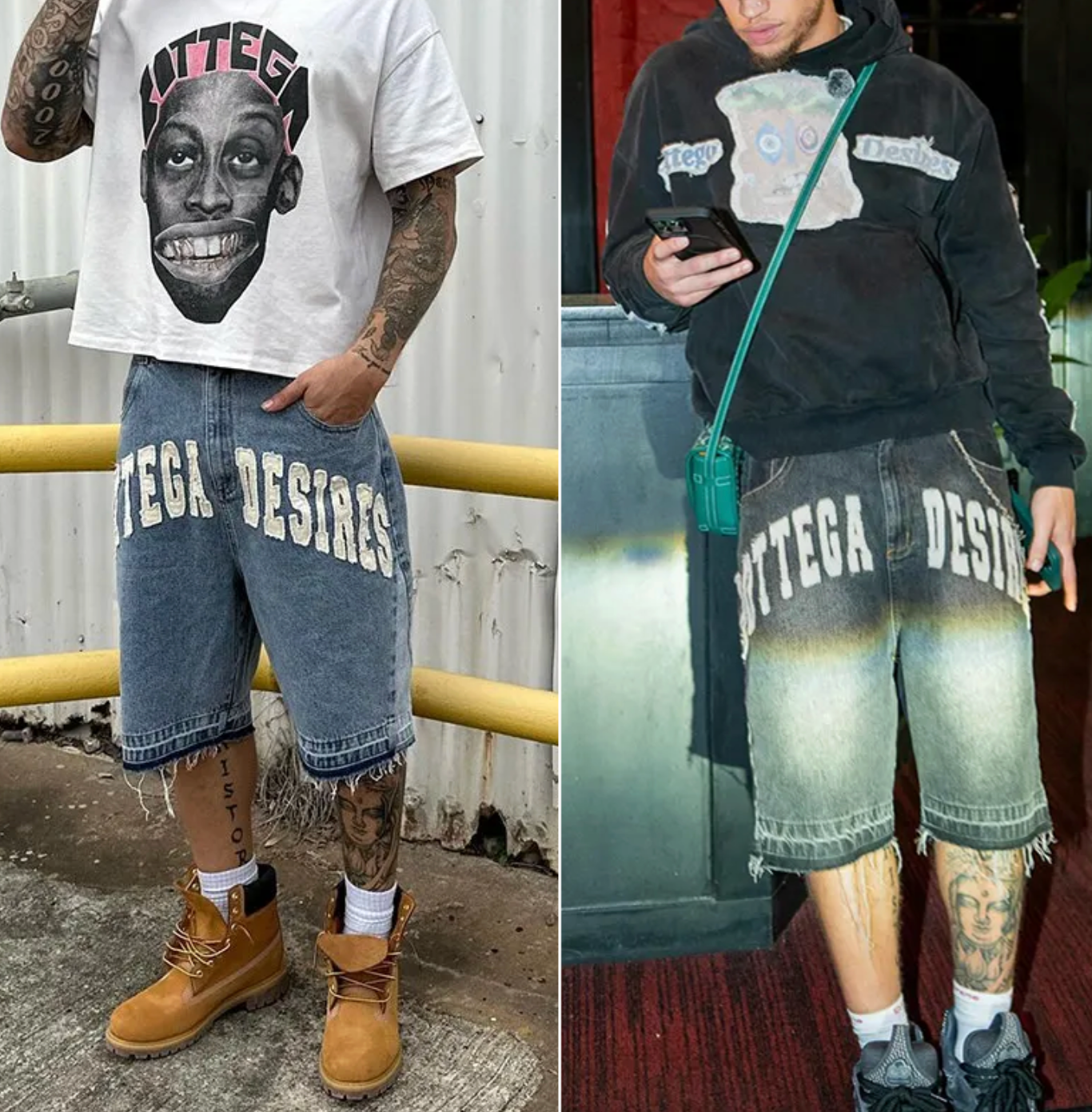 Men’s Baggy Denim Jorts – High-Waist Light-Wash Jean Shorts with Embroidered Letter & Raw Hem