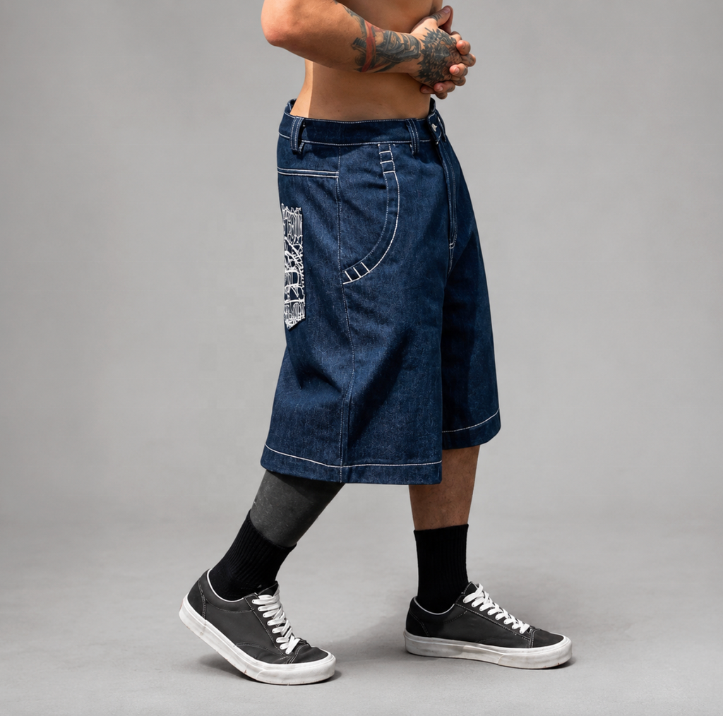 Men’s 100% Cotton Baggy Denim Jorts – Mid-Waist Straight-Leg Jean Shorts with Contrast Stitching & Custom Embroidery
