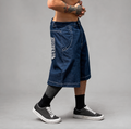Men’s 100% Cotton Baggy Denim Jorts – Mid-Waist Straight-Leg Jean Shorts with Contrast Stitching & Custom Embroidery