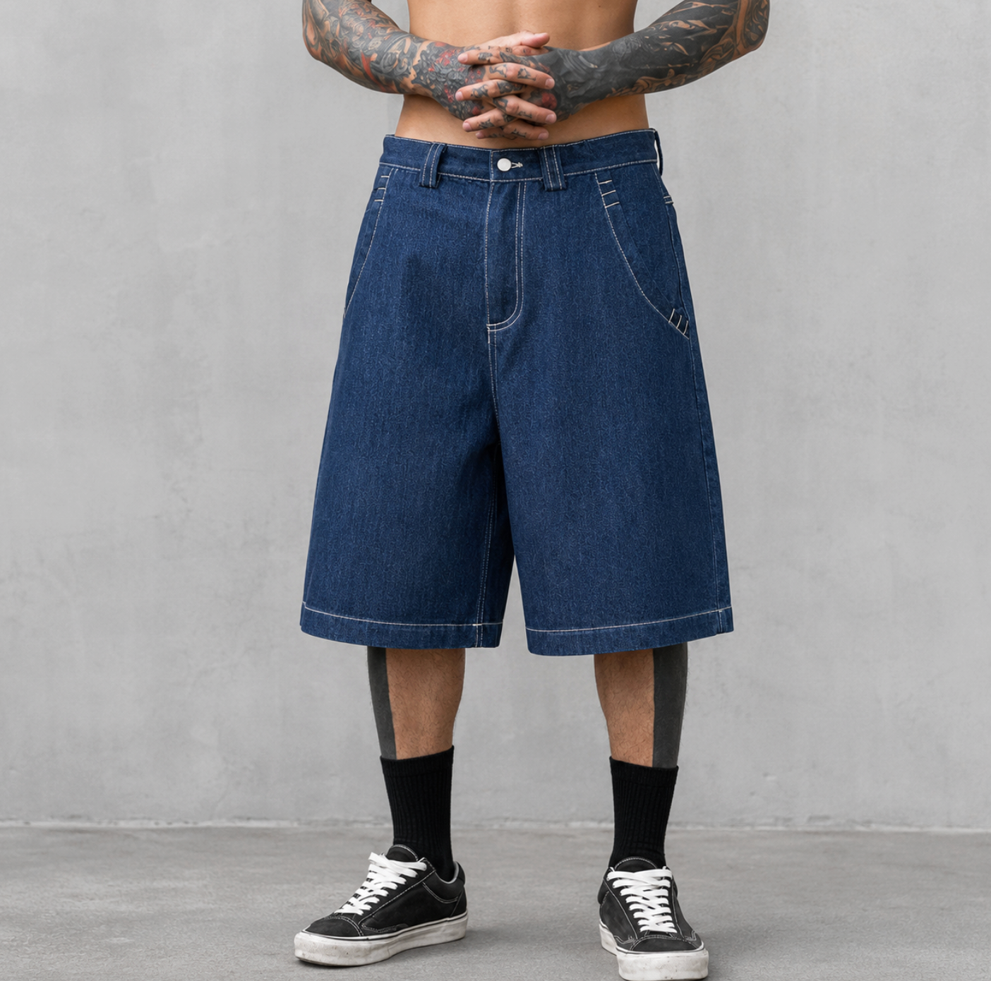 Men’s 100% Cotton Baggy Denim Jorts – Mid-Waist Straight-Leg Jean Shorts with Contrast Stitching & Custom Embroidery